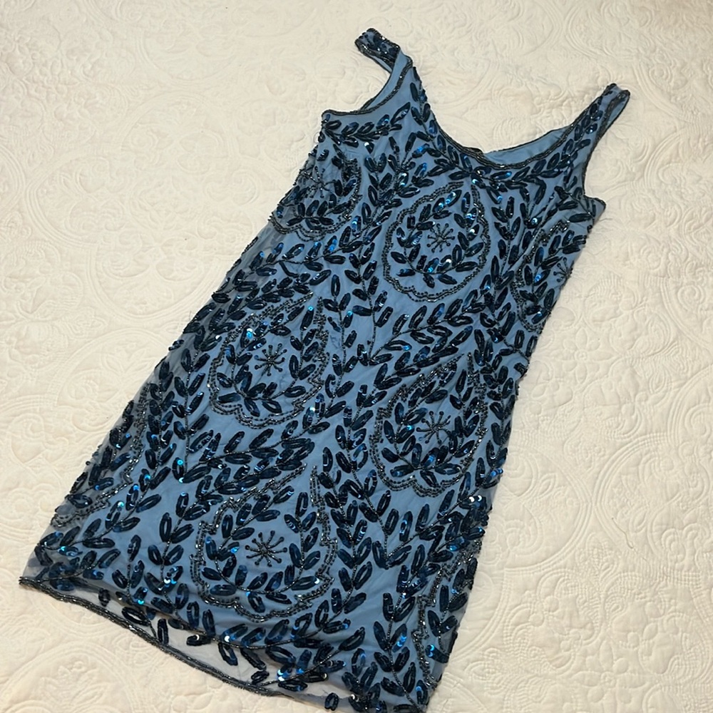 Blue sequined and beaded cocktail dress